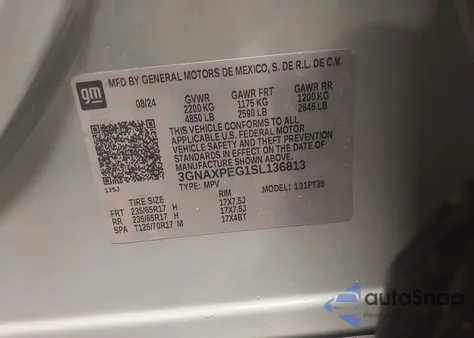 2025 Chevrolet Equinox Awd Lt из США, поврежденный, VIN 3GNAXPEG1SL136813